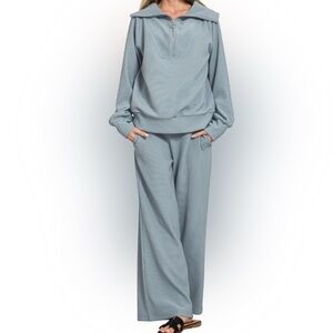 Zenana Ribbed Cowl Zip Neck Top & Wide Leg Elastic Waist Pull-on Pants w Pockets